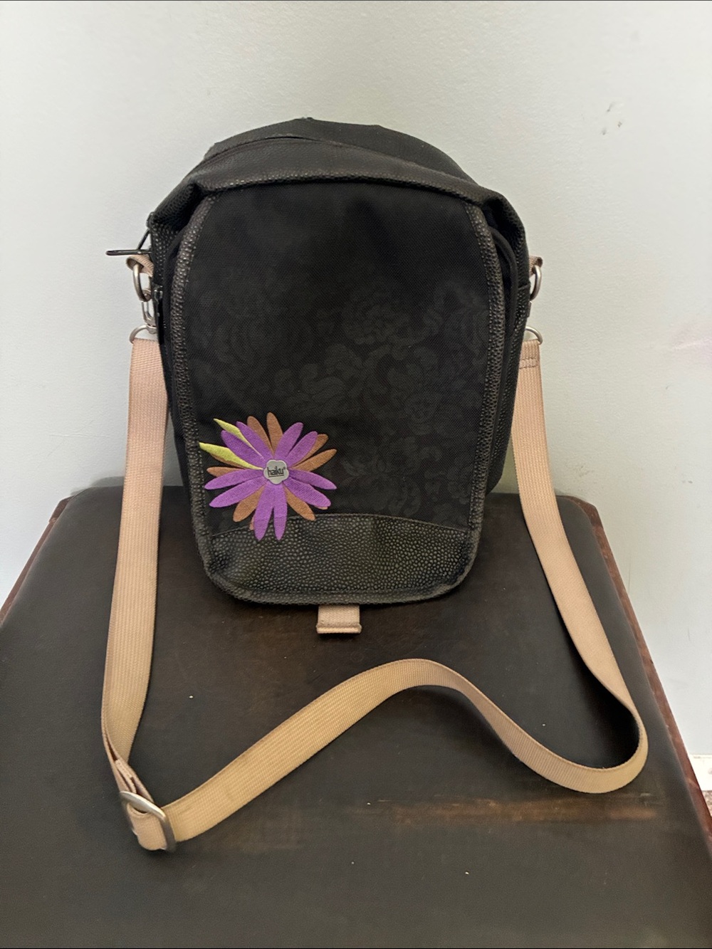 Haiku Black Floral Crossbody Bag with Tan Strap